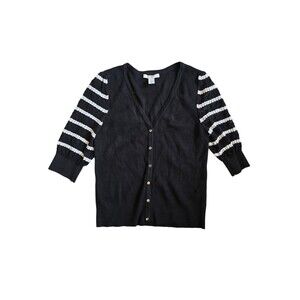 WHBM Snap Front Sweater Black W/ White striped Sleeves Size L